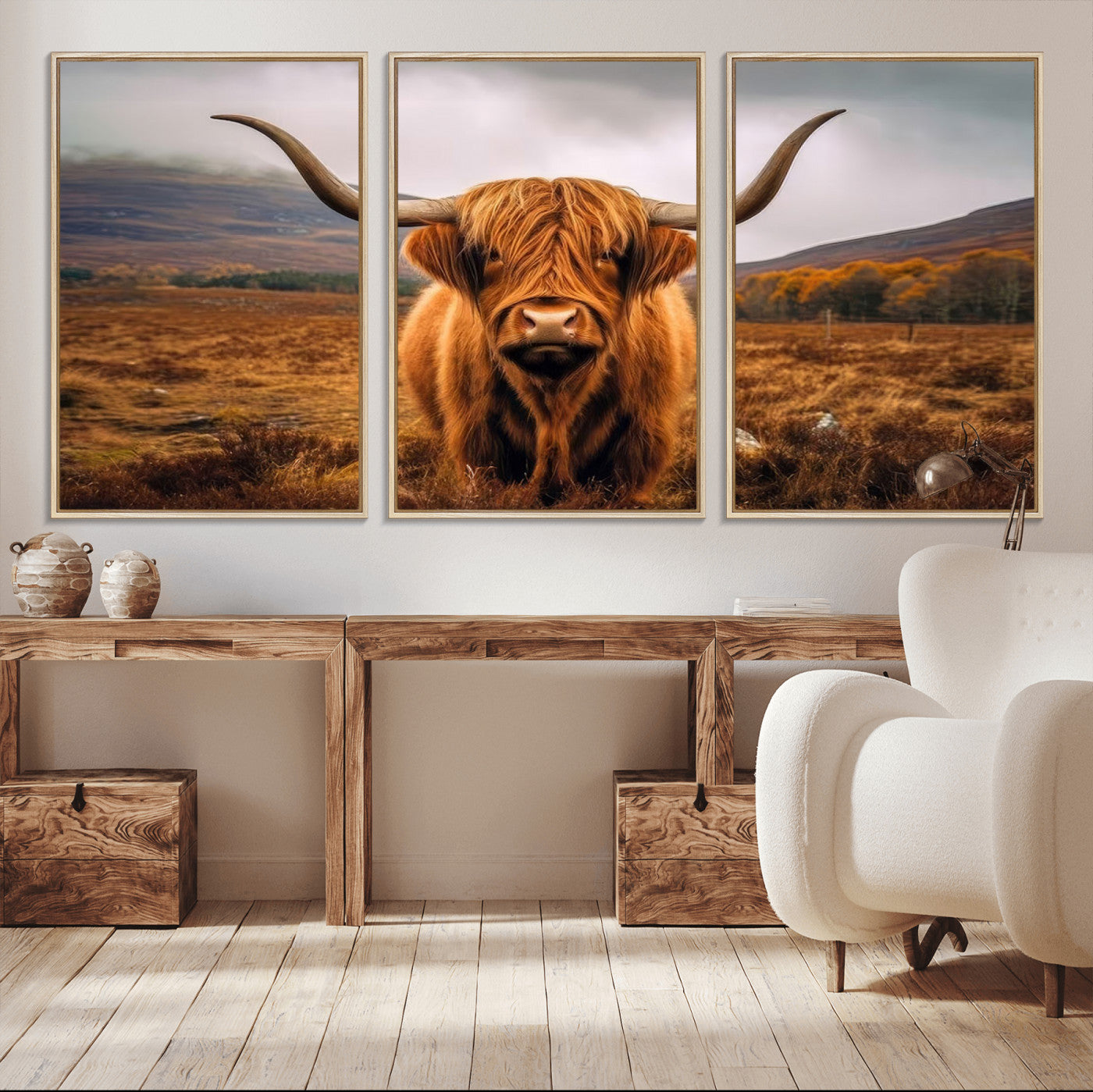 65529-MGV-FC-60X30-3P_Natural-Highland Cow Longhorn Wall Art – Rustic Canvas Print, Framed and Ready to Hang for Farmhouse Décor