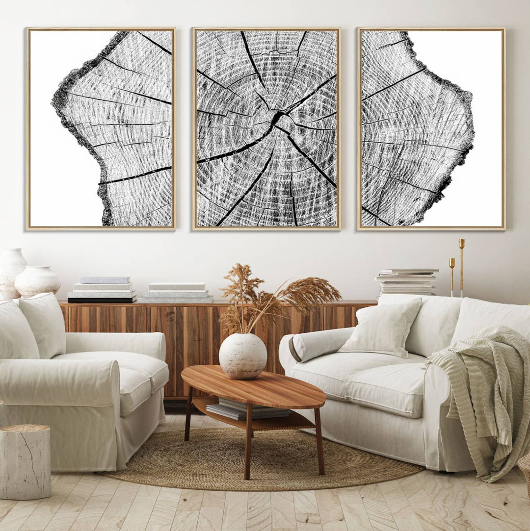 Black and white tree ring art print.