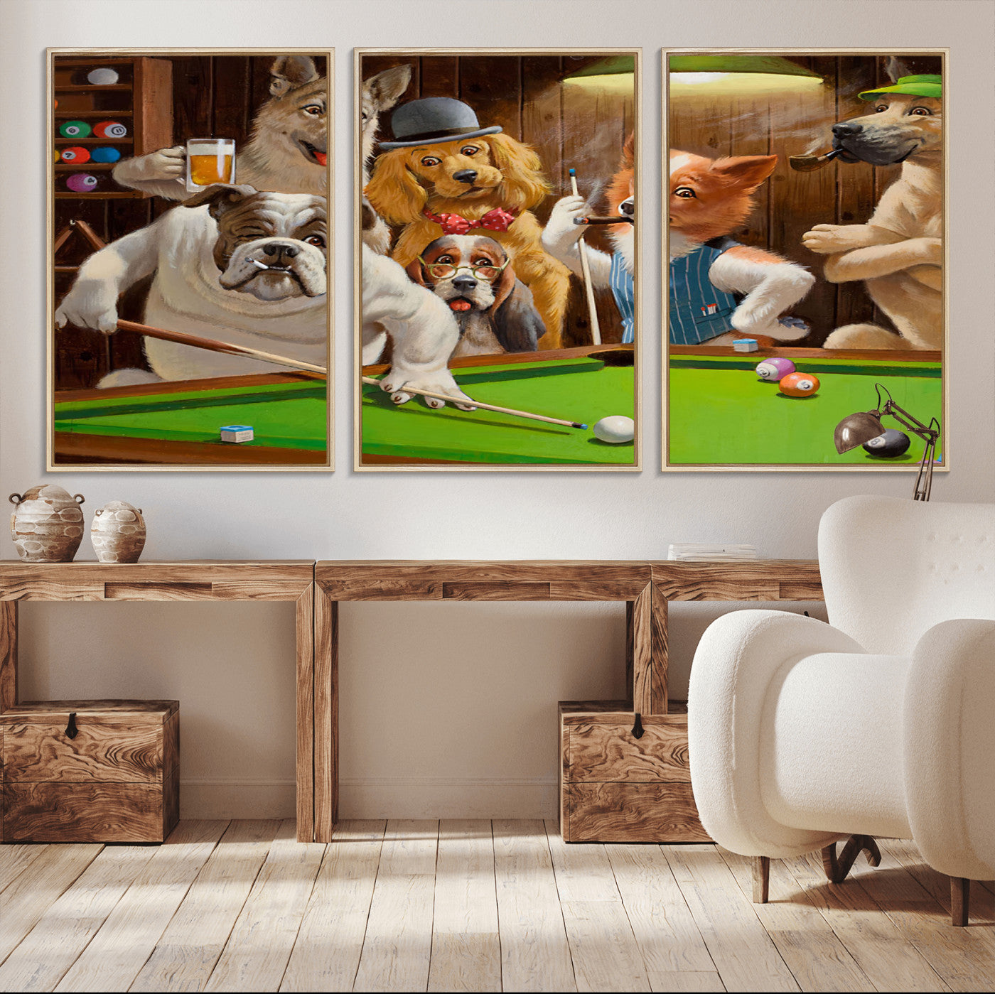 MGV-FC-60X30-3P - Dogs Playing Pool Canvas Wall Art Funny Gifts Dog Print