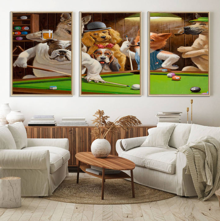 Dogs Playing Pool Canvas Wall Art: This artwork depicts a room where dogs are engaged in a game of pool. One dog is poised to cue while others observe the scene.