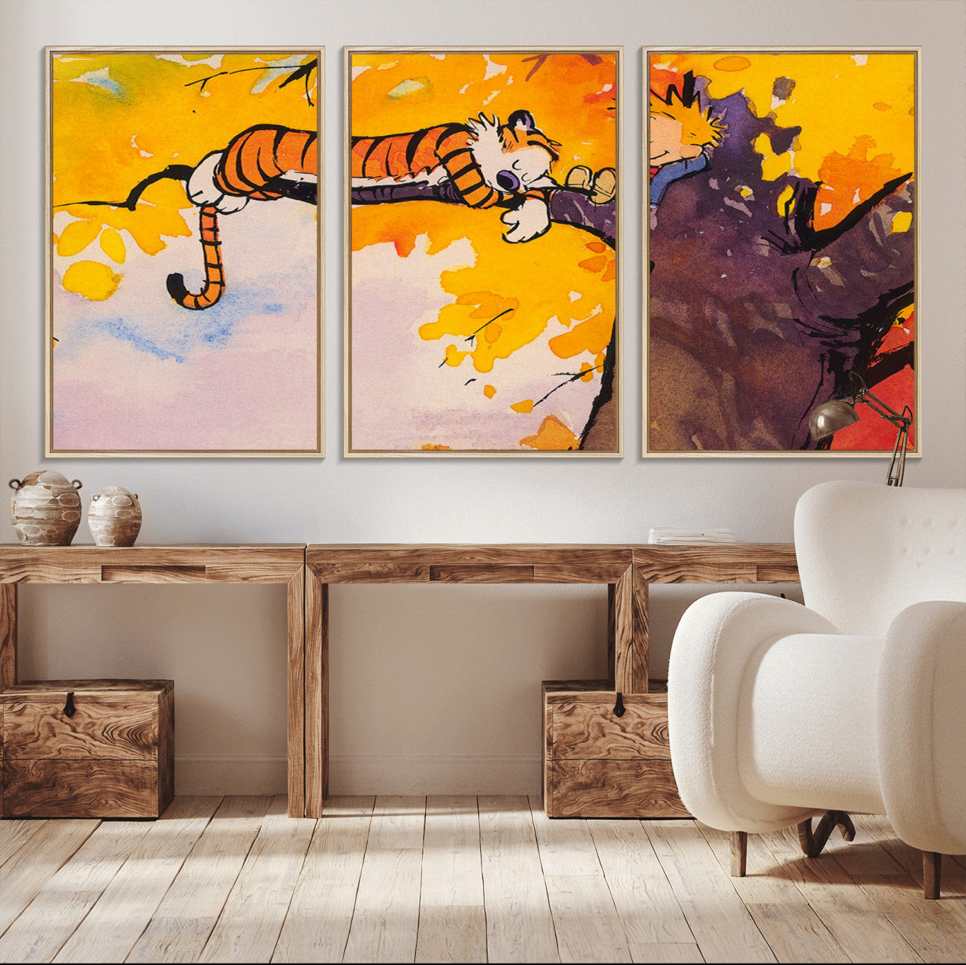 55145-MGV-FC-60X30-3P_Natural-Calvin and Hobbes Tree Scene Canvas Print | 3 Panel Large Wall Art for Living Room or Kid’s Room,