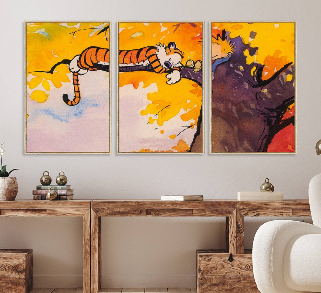 Premium canvas Calvin Wall Arts featuring a boy and tiger relaxing on a branch.