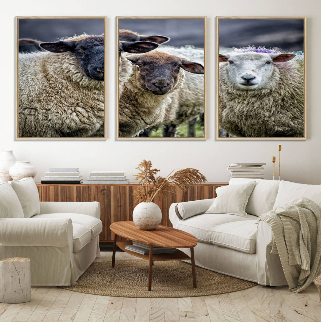 The Charming Sheep Portrait Wall Art hangs on a wooden wall.