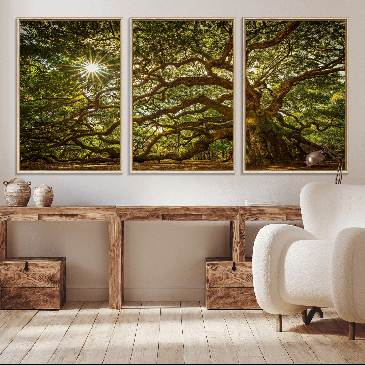 MGV-FC-60X30-3P - Ancient Angel Oak Tree Art Sunburst Canvas Print- Nature-Inspired Triptych Canvas Print, Framed,