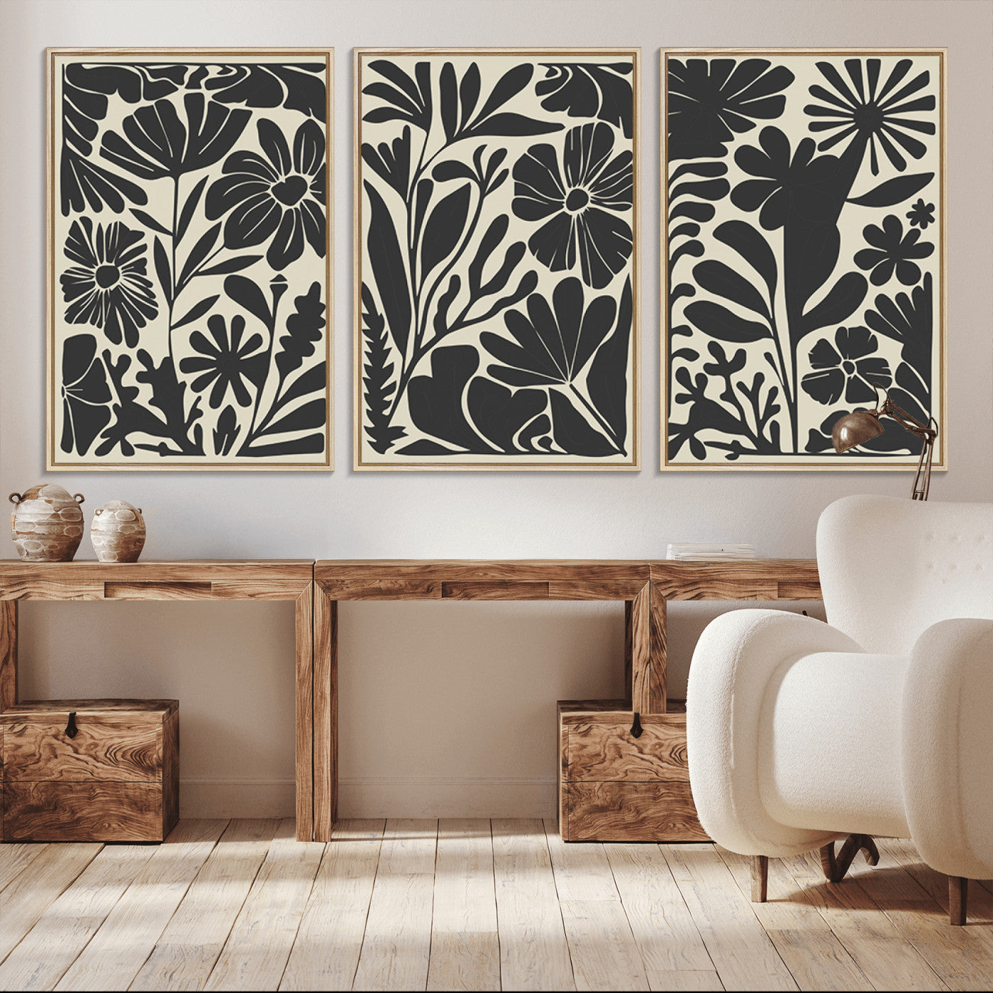 MGV-FC-60X30-3P - Modern Botanical Wall Art - Floral Black and White Canvas Print, Framed, Ready to Hang