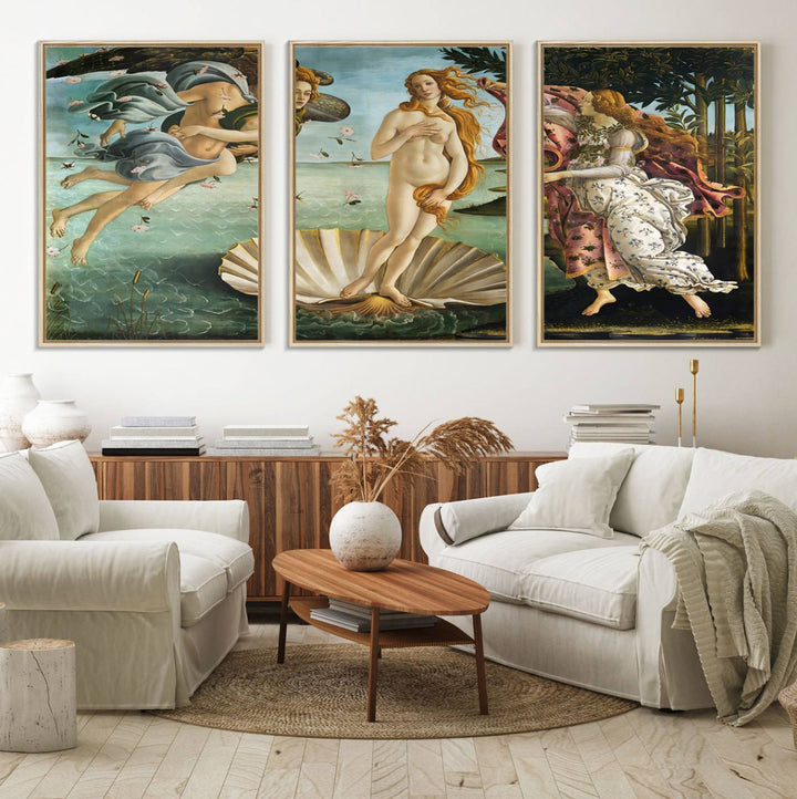 A canvas print of Botticellis The Birth of Venus is displayed on the wall.