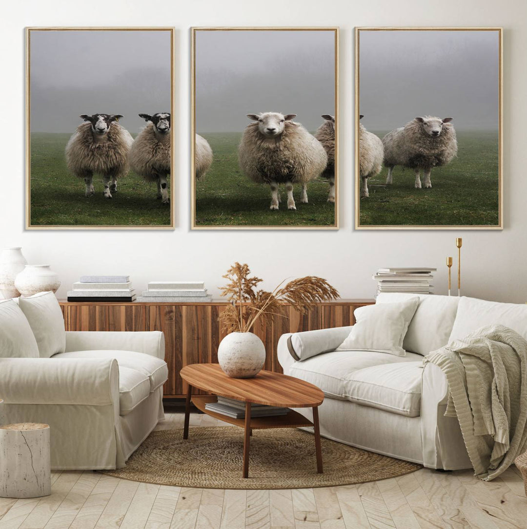 The Flock of Sheep in a Mystical Fog canvas print is framed and ready to hang.