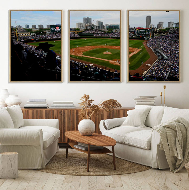 Admire this museum-quality canvas print of a Chicago Cubs game with a cityscape view from the stands at Wrigley Field.