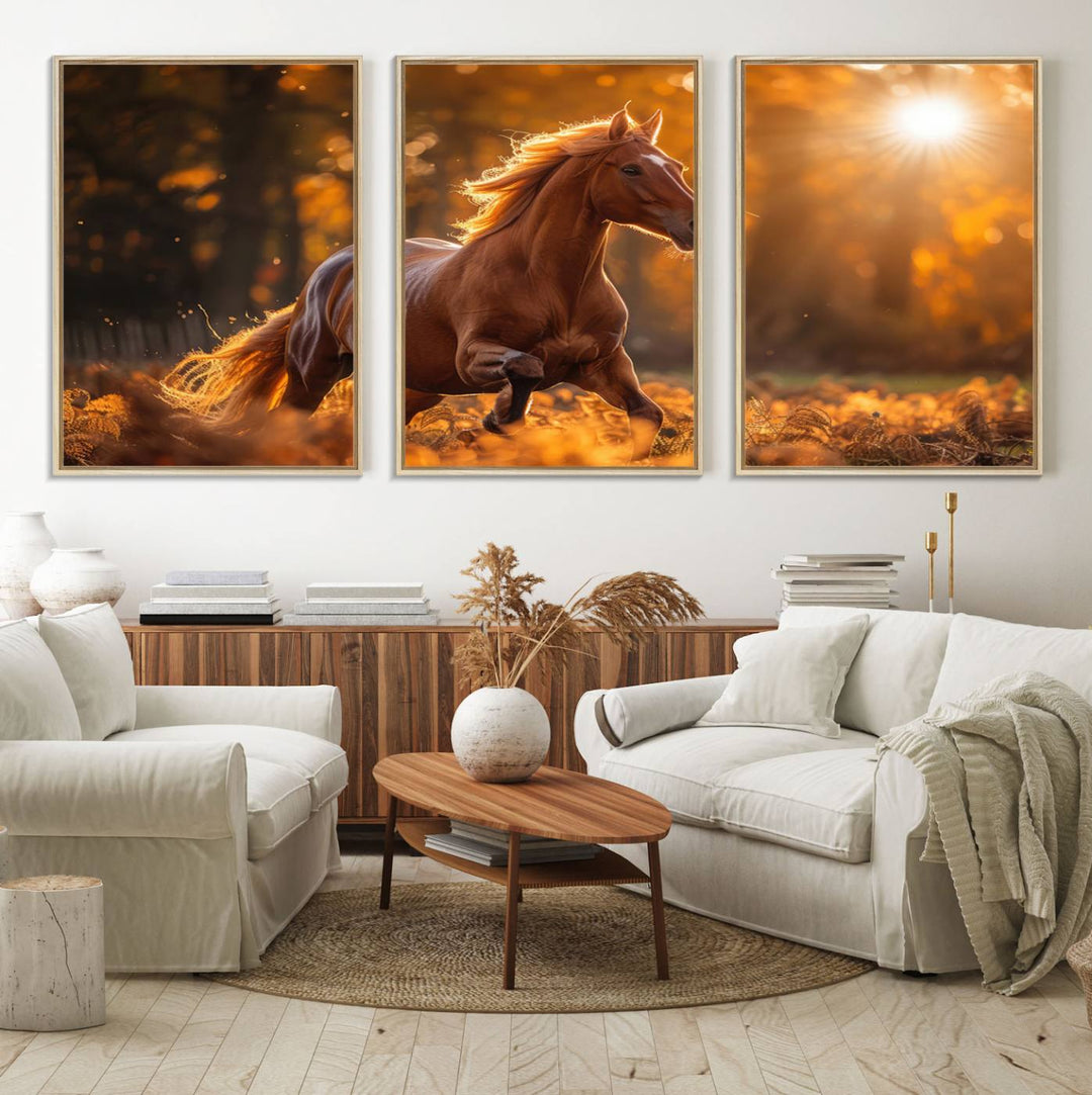 The Running Horse Sunset Forest Wall Art Canvas Print showcases a gallop in an autumn forest with sunlight streaming through the trees.