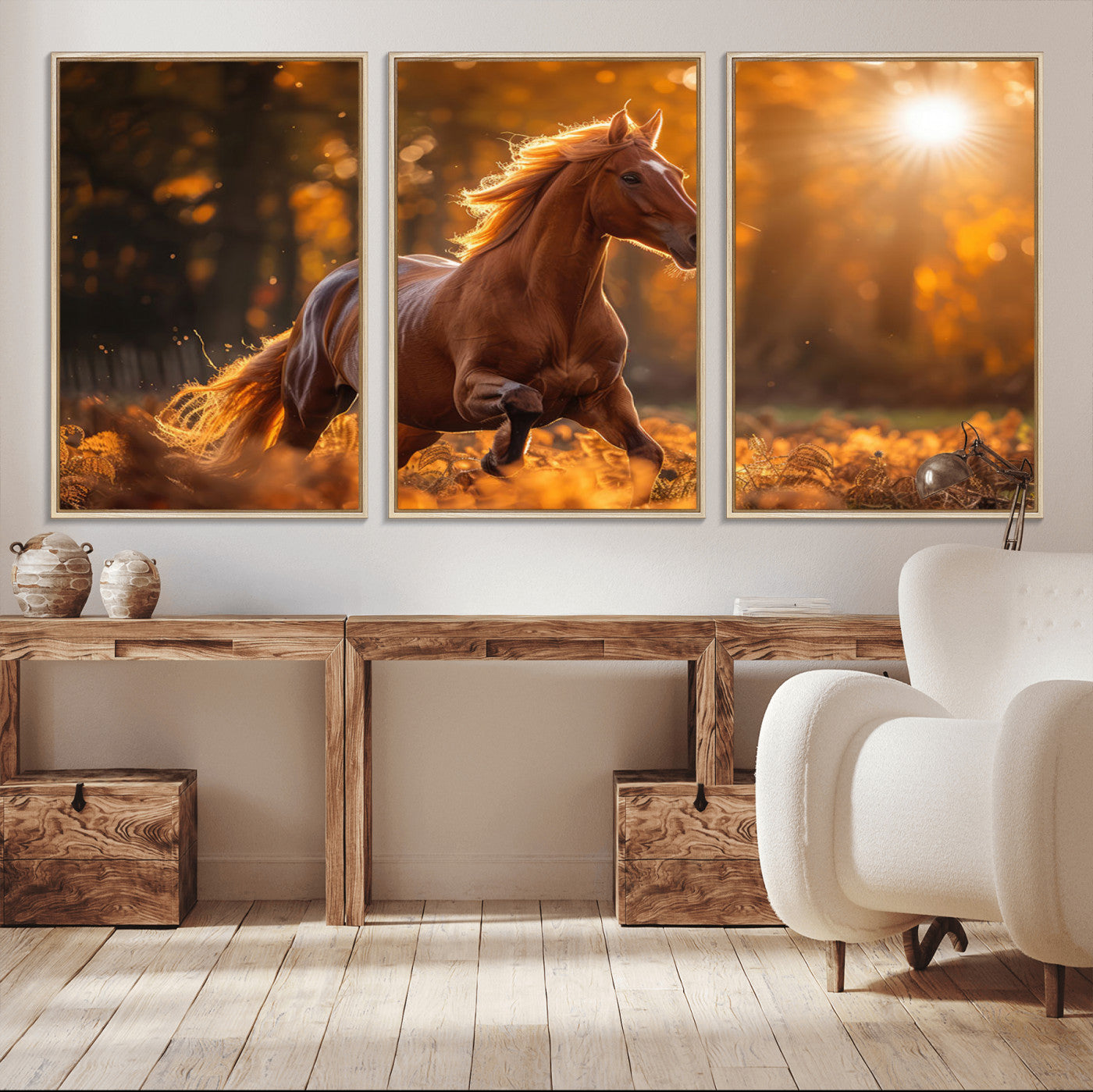 -Running Horse Sunset Forest Wall Art Canvas Print