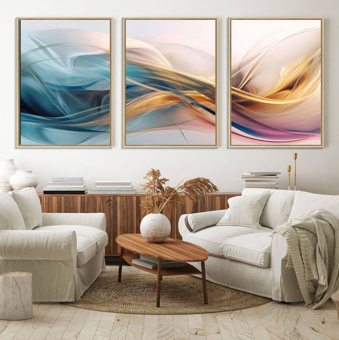 Abstract Flowing Colors Wall Art featuring blue, gold, and pink adds modern elegance to the space.