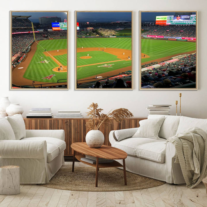 The Angel Stadium Aerial View canvas print of an Angels baseball game is showcased.