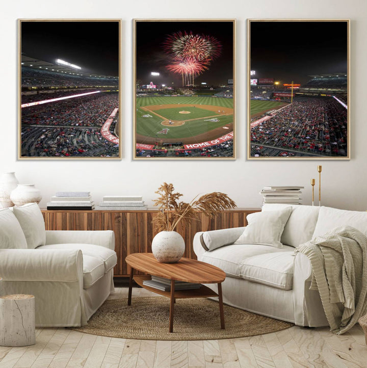 Fireworks at Angel Stadium – LA Angels Night Game Canvas Print, framed and ready to hang.