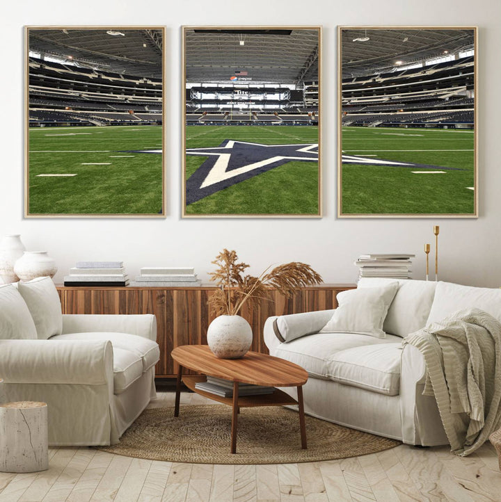 AT&T Stadium Dallas Cowboys Canvas Print displayed above a dining table.