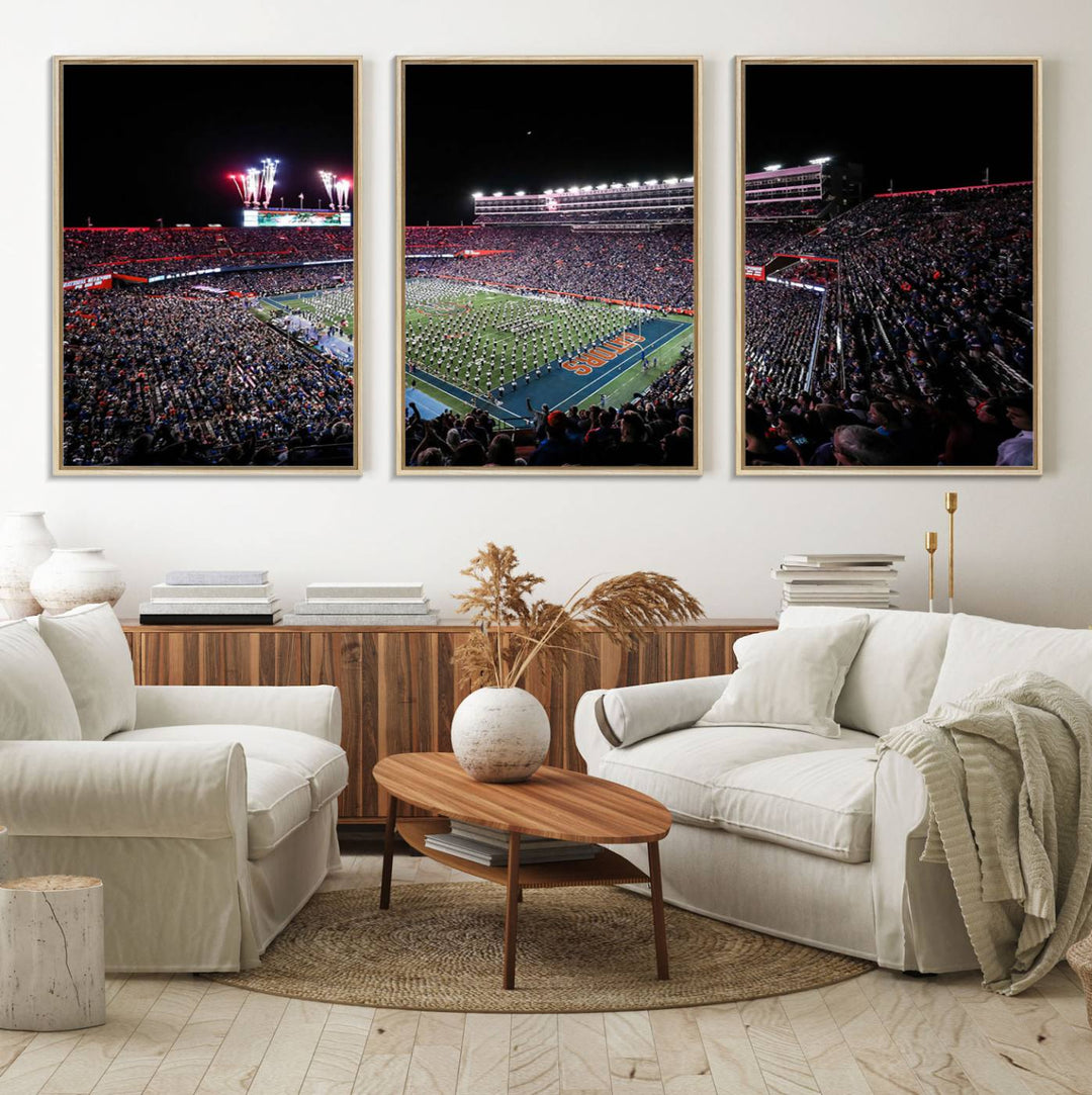 The Gators Night Game Canvas Art captures a lively night at Ben Hill Griffin Stadium with vibrant fireworks and the energy of a live band.