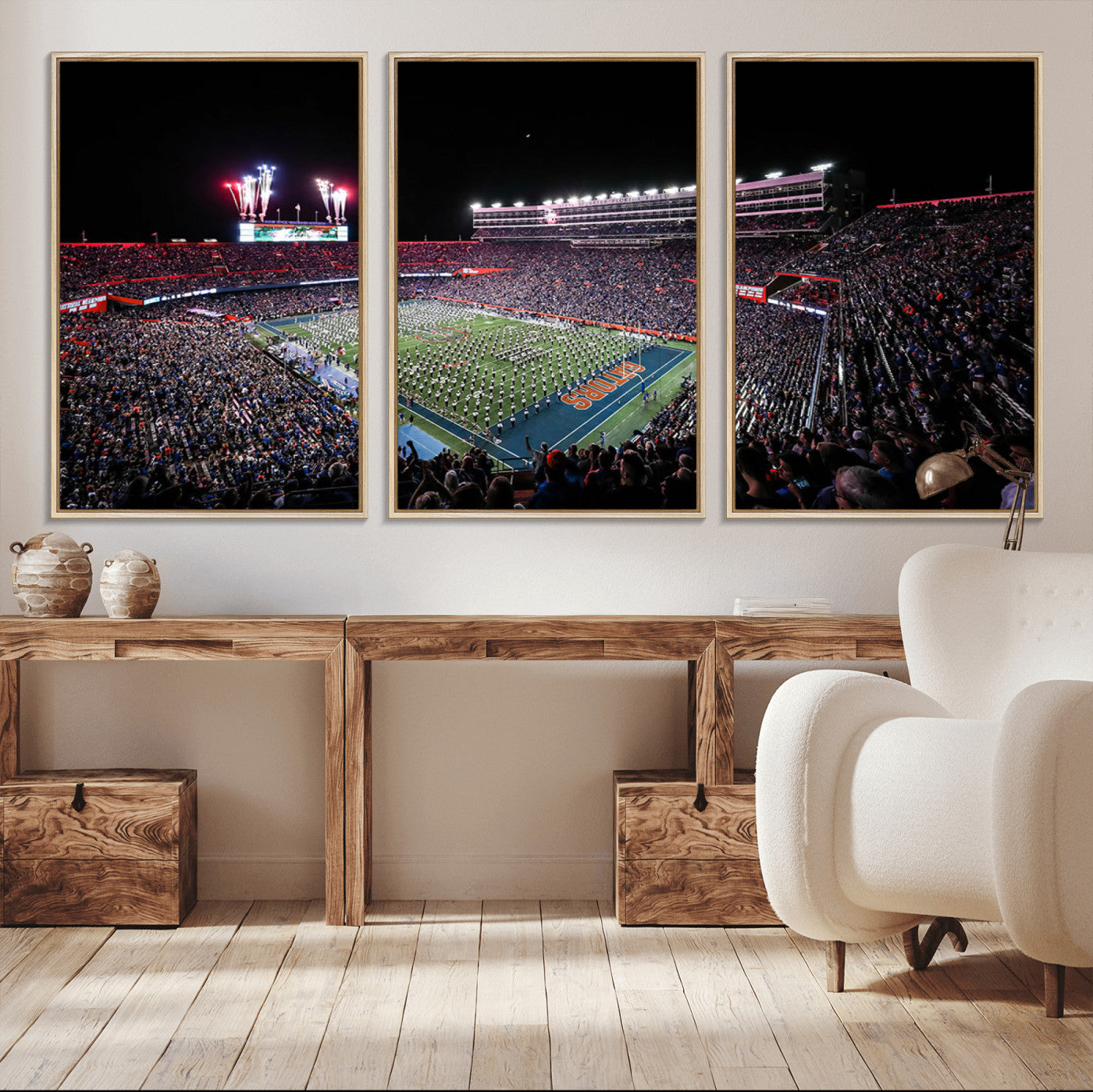 MGV-FC-60X30-3P - Ben Hill Griffin Stadium Night Game Triple Canvas Wall Art - Florida Gators Football Match