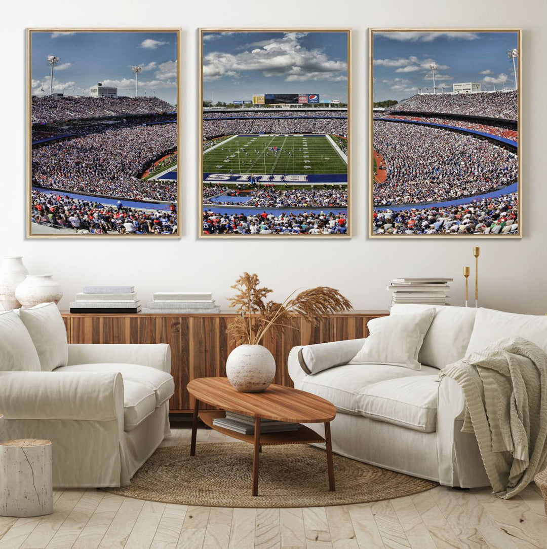 Our Buffalo Bills Game Day Canvas captures a vibrant scene at Highmark Stadium, with a lively crowd under a partly cloudy sky.