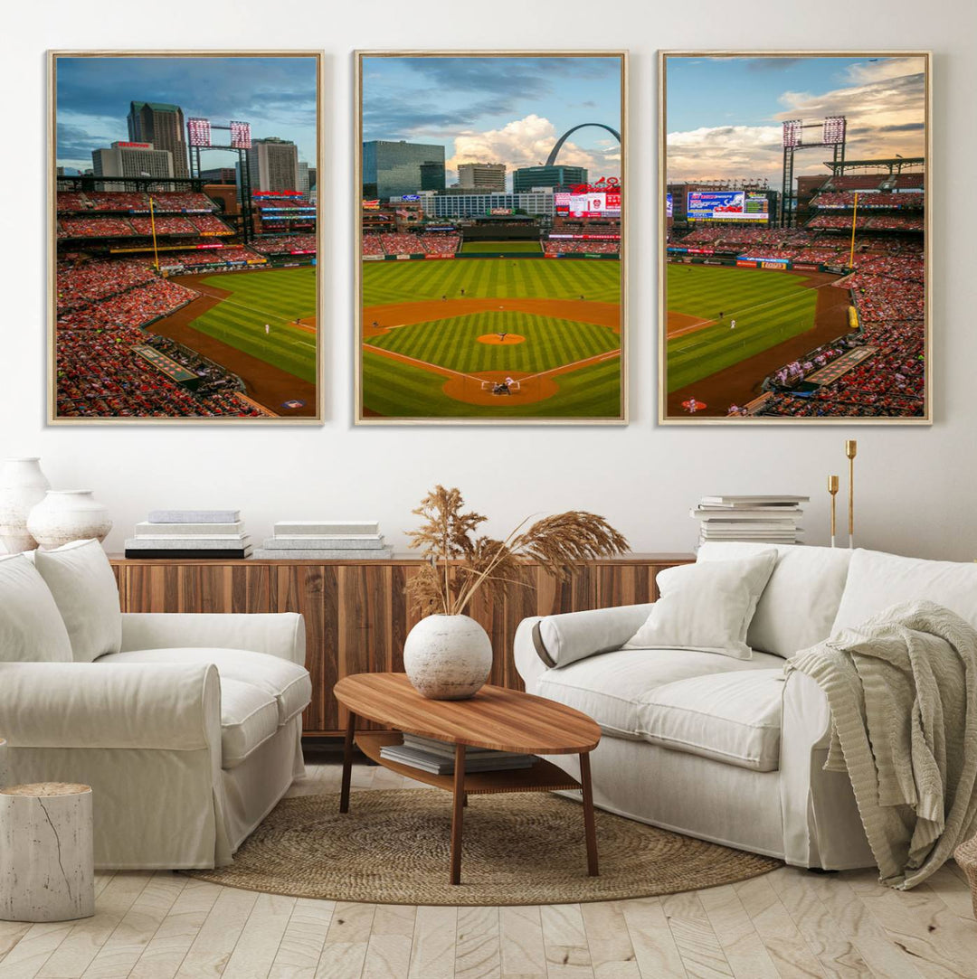 A Busch Stadium canvas print featuring a cityscape, ideal for enhancing living room or man cave sports decor.