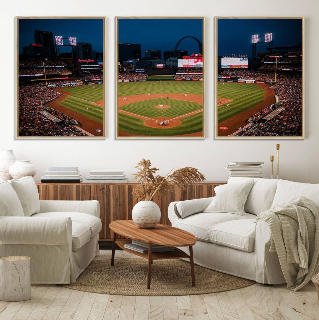 A St. Louis Cardinals Baseball Team print of Busch Stadium at night adorns the wall.