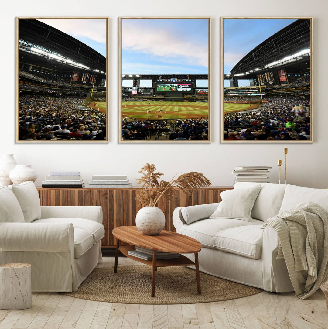 The wall art is an Arizona Diamondbacks Baseball Print depicting a packed Chase Field Stadium under a clear blue sky.