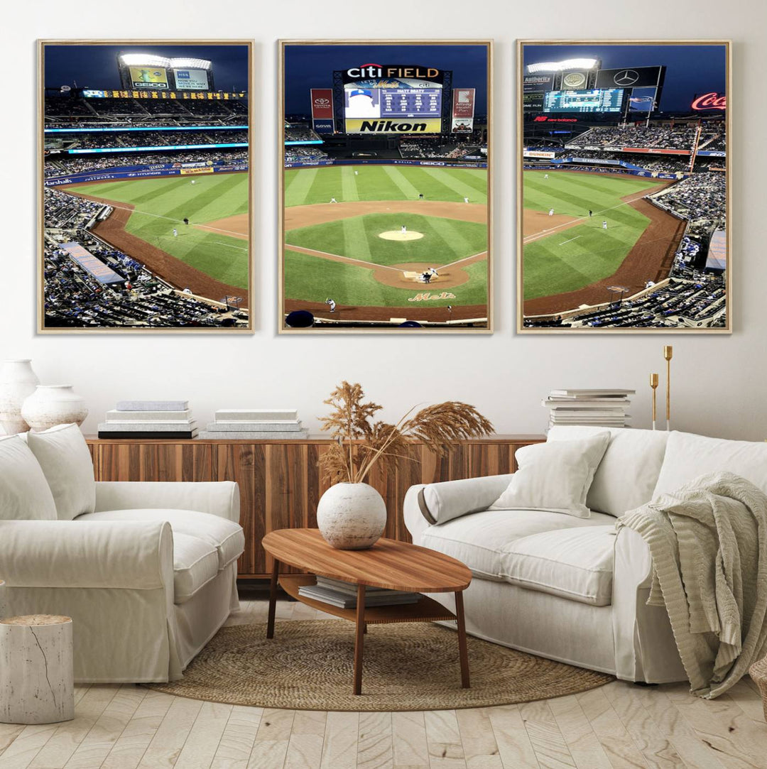 The wall is adorned with a 3-panel Citi Field Wall Art Print, framed for sports-themed decor.