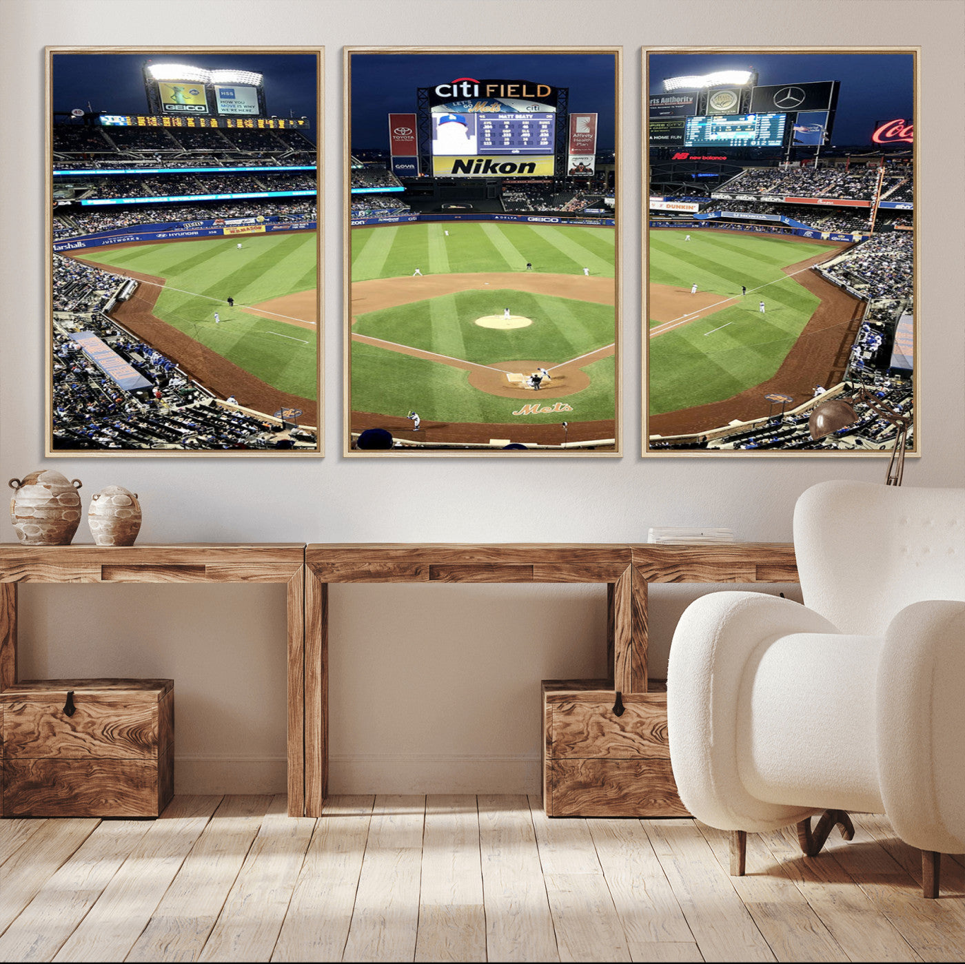 MGV-FC-60X30-3P - Citi Field Wall Art Print | 3-Panel New York Mets Baseball Stadium Canvas Print | Framed Sports Decor for Living Room, Man Cave, or Office Decor
