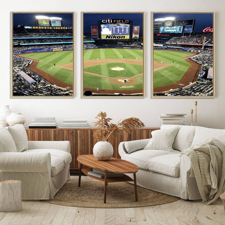 The wall is adorned with a 3-panel Citi Field Wall Art Print, framed for sports-themed decor.