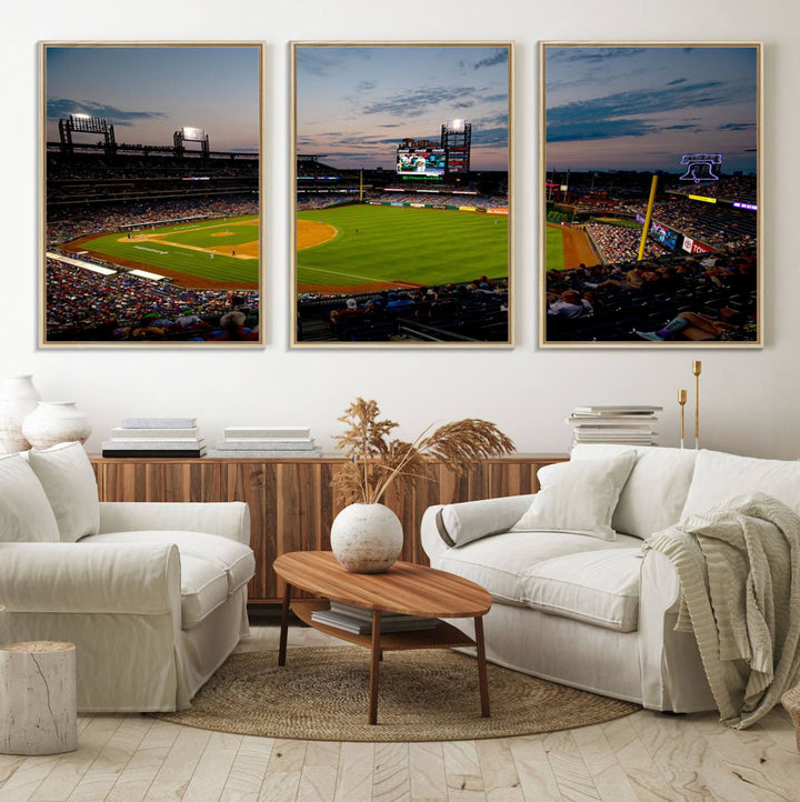 A wall art piece depicting the Philadelphia Phillies Citizens Bank Park Stadium at dusk.