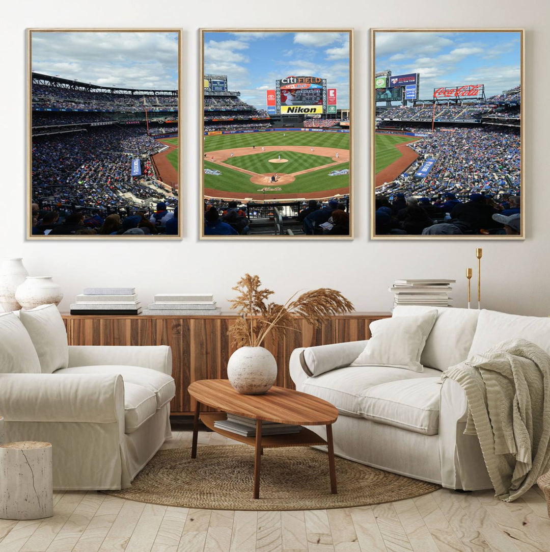 A wall art piece featuring a New York Mets Baseball Team print of Citi Field during a thrilling game under a blue sky.