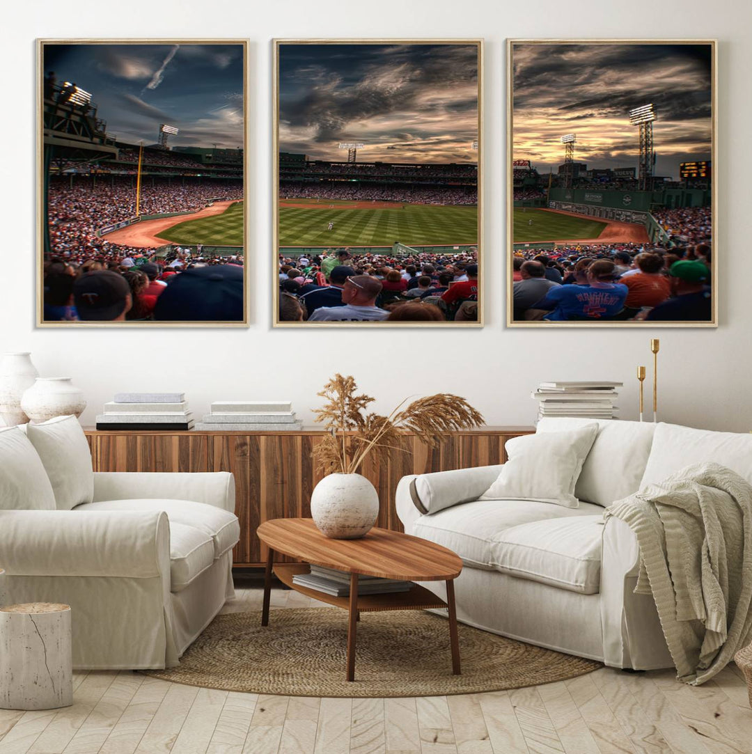 Boston Red Sox canvas print of Fenway Park at sunset, ideal for sports fans.