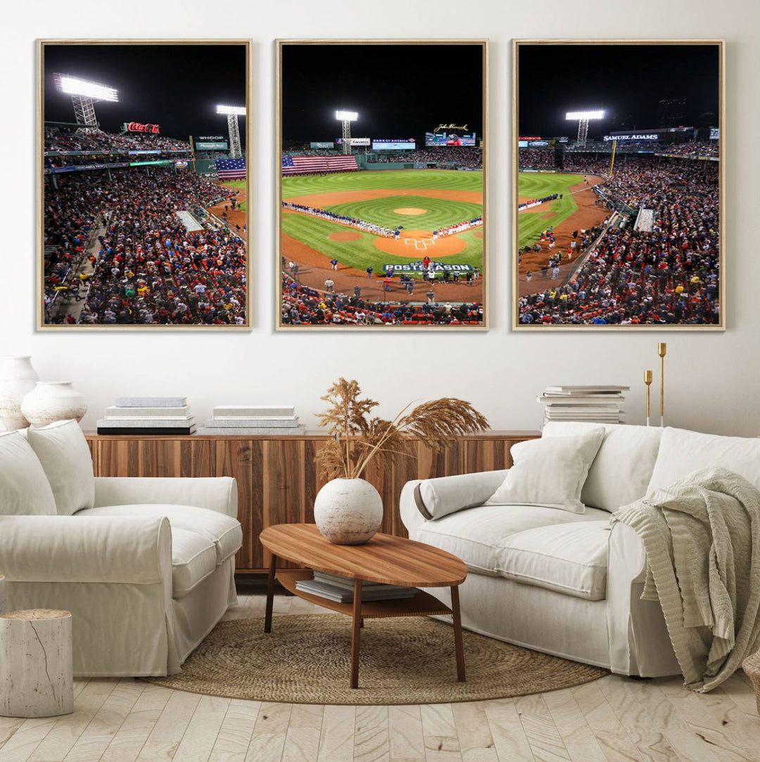 The Fenway Park Wall Art Canvas Print showcases a stunning aerial view of Bostons iconic ballpark at night, making it an ideal piece for any Red Sox enthusiast.