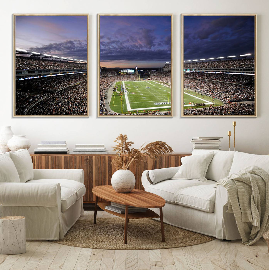 A large New England Patriots Foxborough Gillette Stadium wall art canvas print at sunset.