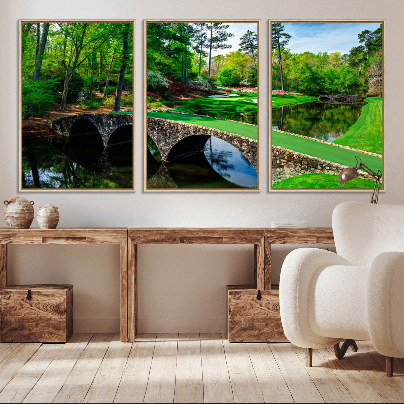 MGV-FC-60X30-3P - Augusta National Golf Club Wall Art - Panoramic Bridge & Lush Greenery – Premium Framed,
