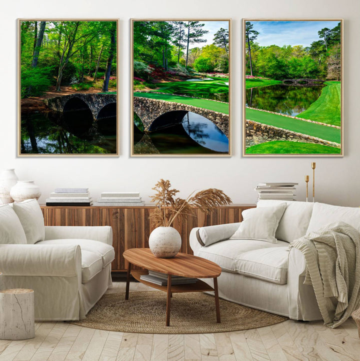 The wall art from Augusta National Golf Club showcases a panoramic bridge set against rich, lush greenery on a framed triptych canvas.