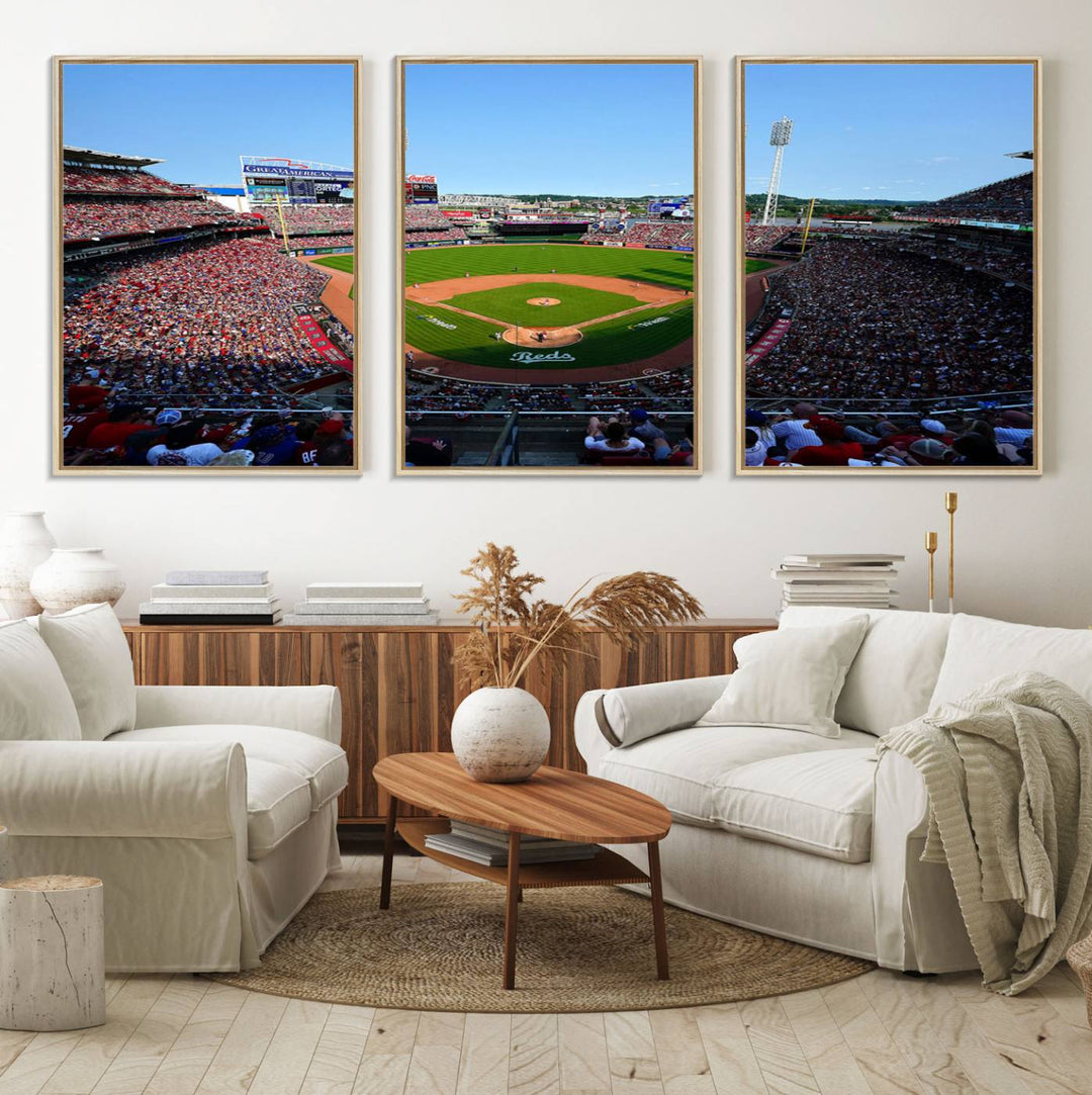 The Cincinnati Reds Baseball Team print of Great American Ball Park Stadium adorns the wall.