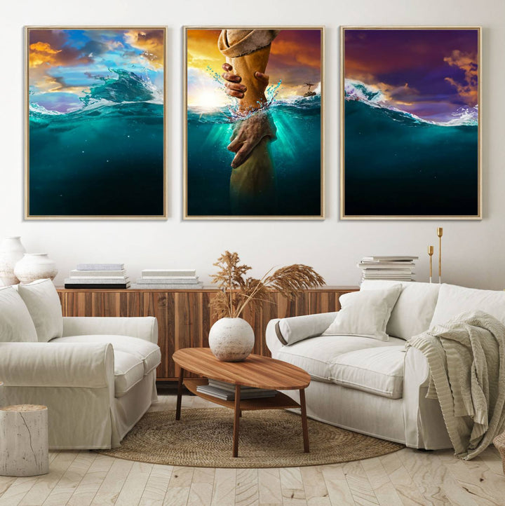 The God Hand Wall Art Canvas Print depicts hands reaching through water against a vibrant sky.