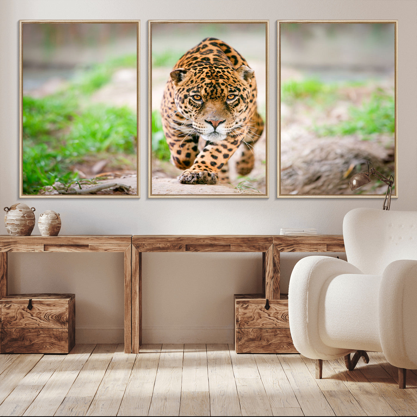MGV-FC-60X30-3P - Leopard on the Prowl - Stunning Large Framed Canvas Wall Art for Living Room, Bedroom, or Office Décor, Vibrant Wildlife Print, Ready to Hang