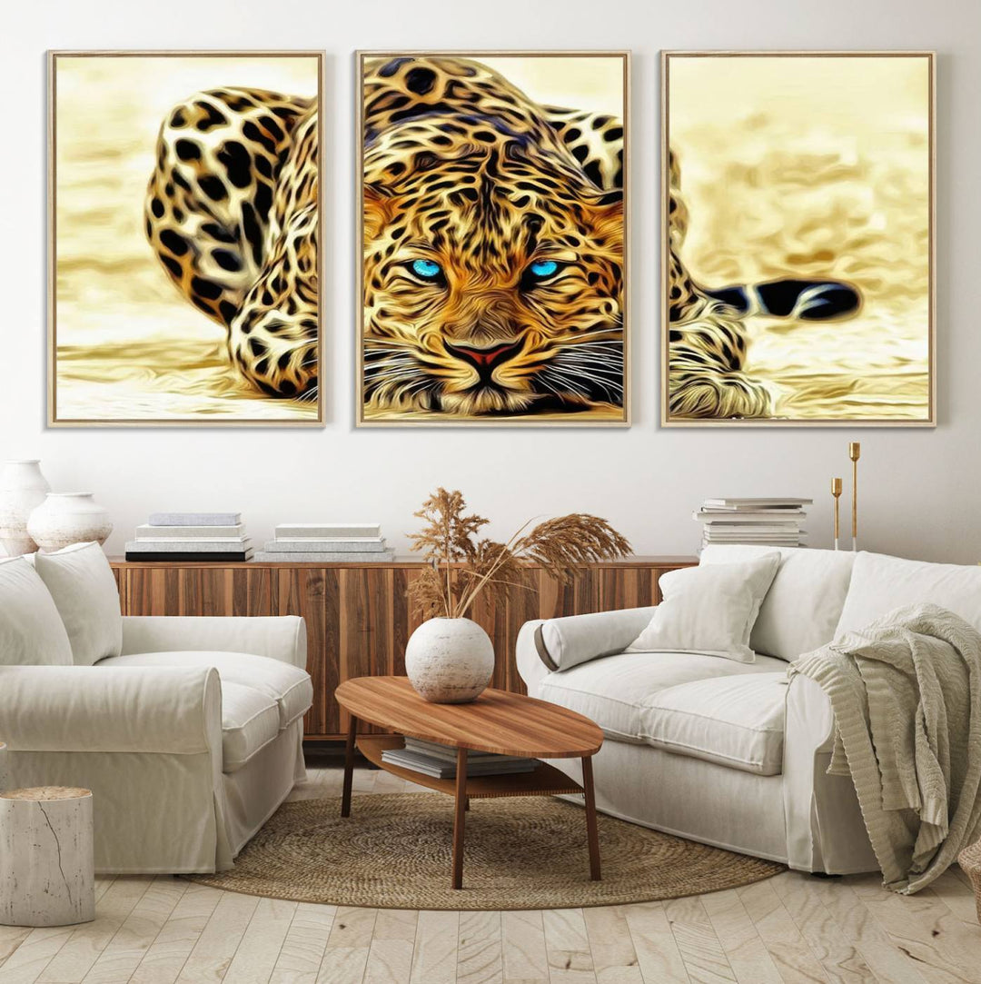 The Blue-Eyed Leopard Canvas Wall Art features a fierce and captivating design, perfect for wildlife enthusiasts. Its bold imagery makes it a striking decor piece, ready to hang.