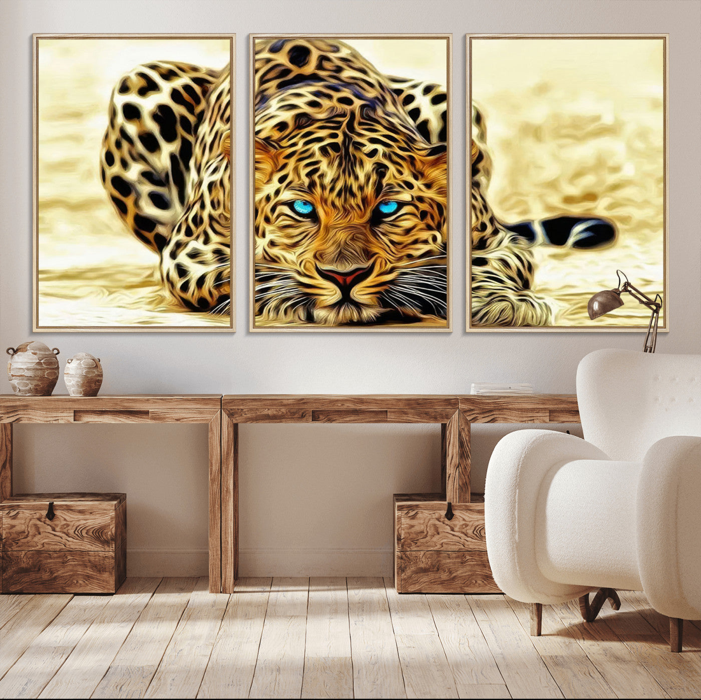 -Blue-Eyed Leopard Canvas Wall Art - Framed Animal Print Ready to Hang - Fierce and Bold Decor for