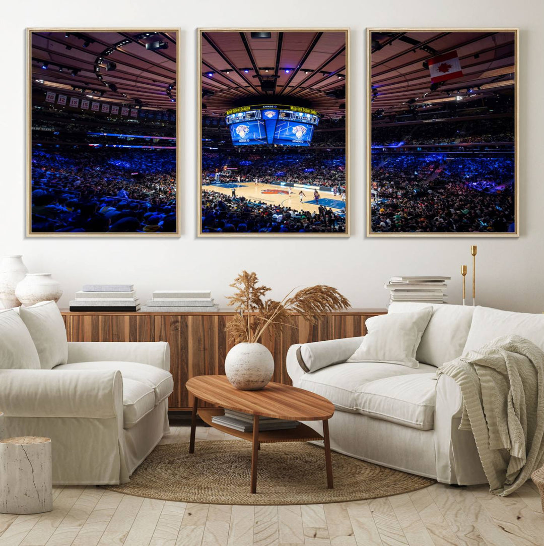 A print depicting an NBA game at Madison Square Garden, highlighting the scoreboard.