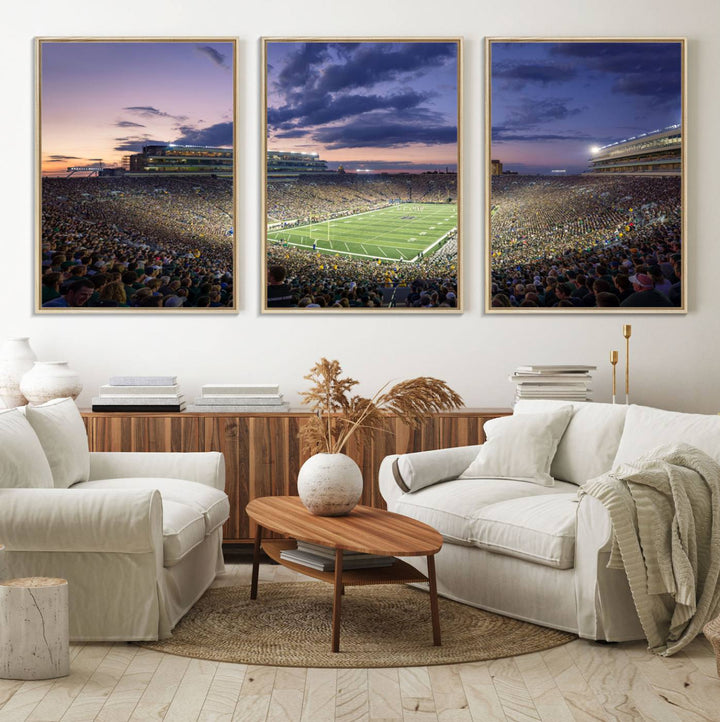 As the sun sets, a stunning backdrop highlights the Notre Dame Fighting Irish Football Team Print.