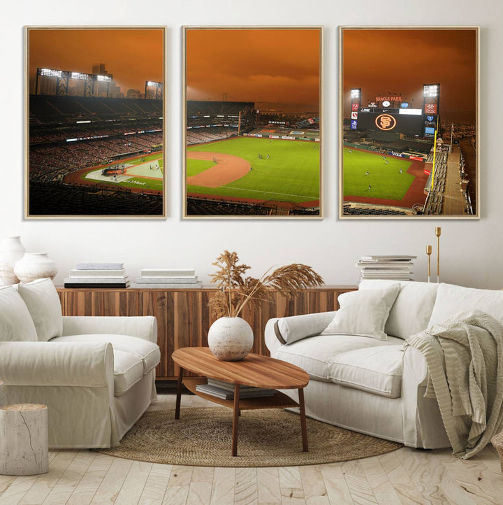 A canvas depicting an Oracle Park game with an orange sky, from SF Giants Stadium Wall Art.