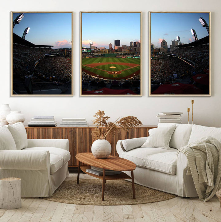 The PNC Park Evening Game Canvas, featuring a skyline backdrop, is displayed on the wall.