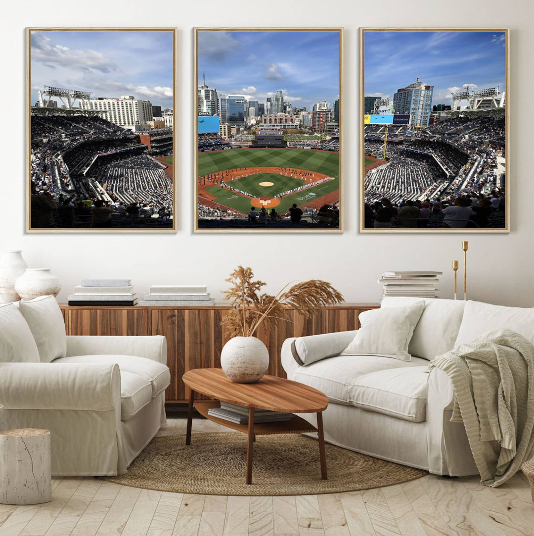 The San Diego Padres Baseball Canvas Print of Petco Park enhances the modern kitchen-dining area.