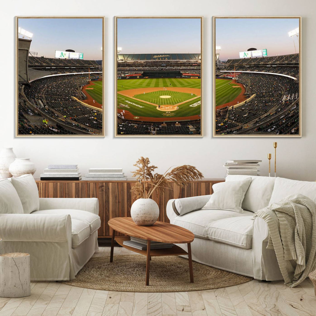 Oakland Athletics wall art canvas featuring the interior of RingCentral Coliseum Stadium.