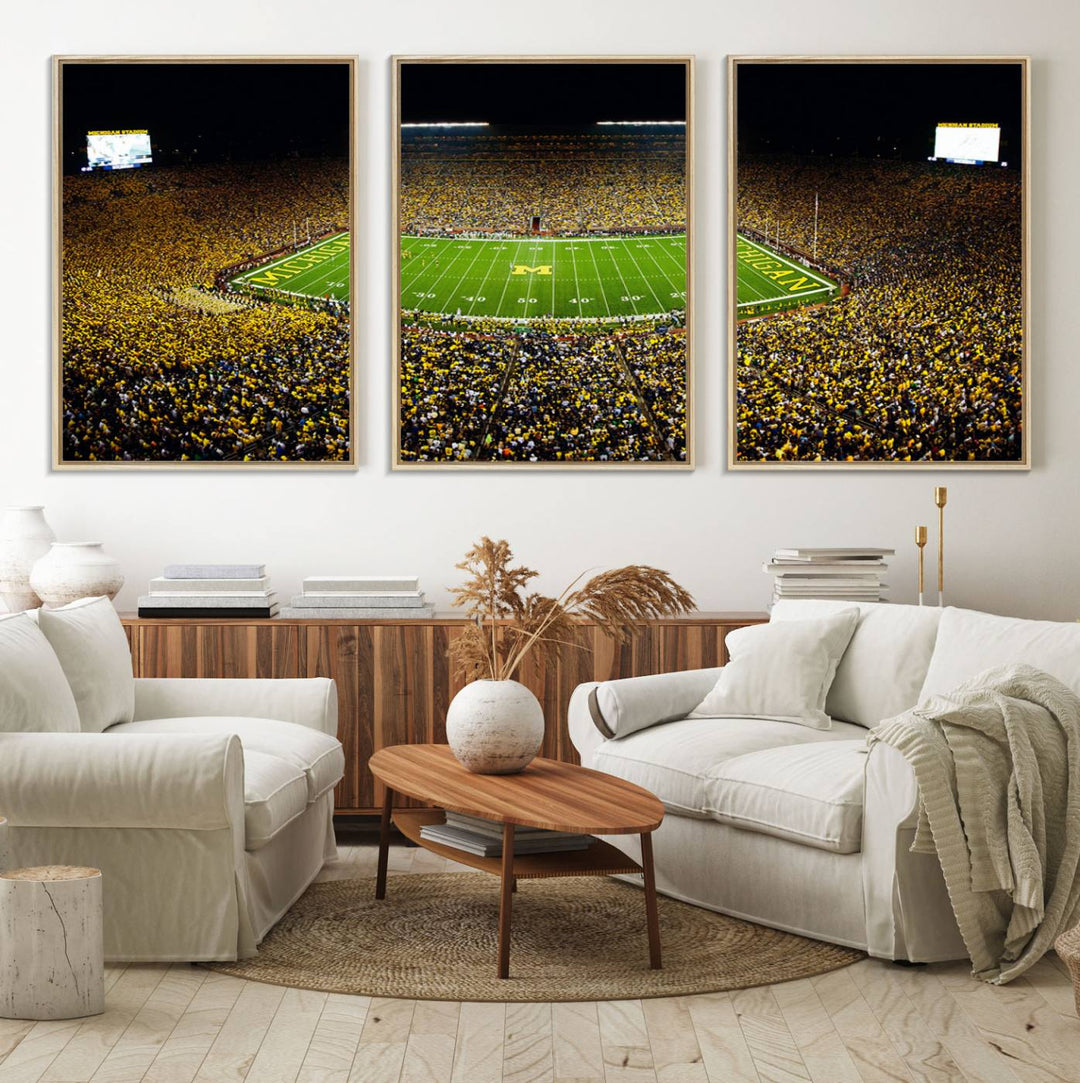 Aerial view of Michigan Stadium night game, ideal for Michigan Wolverines Football Team displayed on a triple canvas wall art.