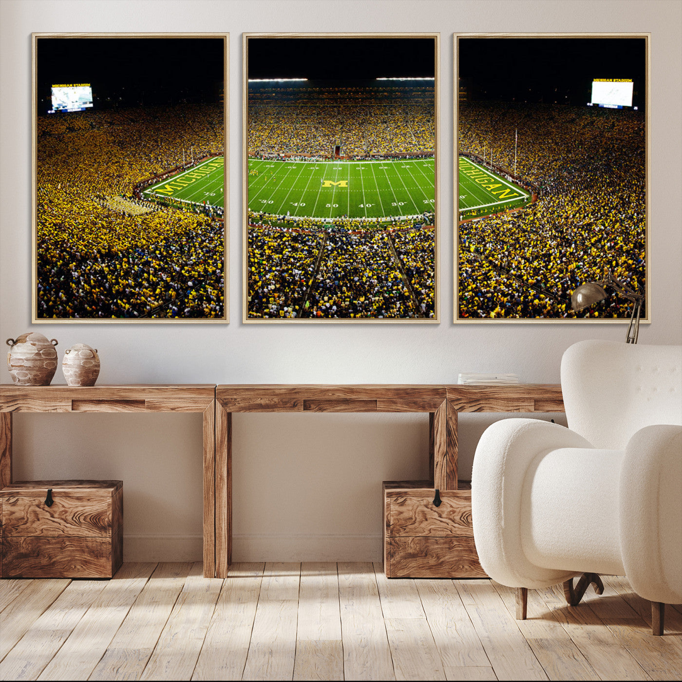 26166-MGV-CV-36X24-Stadium in Michigan Wall Art Canvas Print, Framed American Football Stadium Art Picture Print, Football Stadium Field Perfect Sports Room Decor Artwork