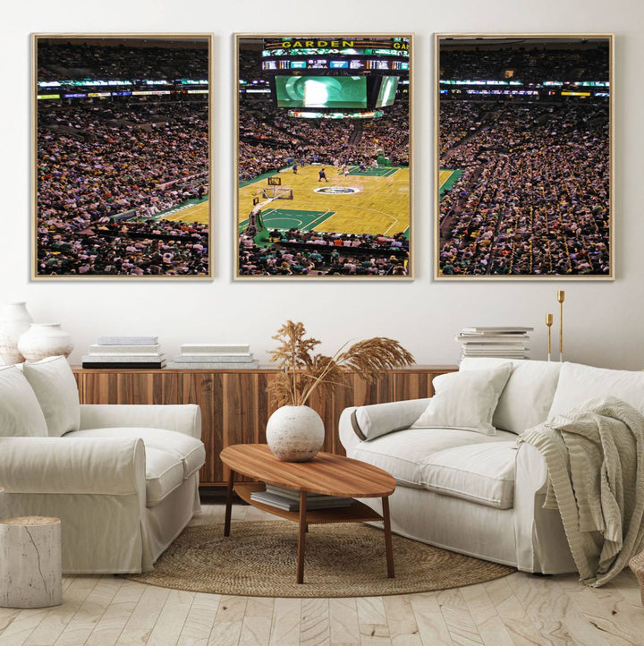 A vibrant depiction of a TD Garden basketball game is beautifully captured in the Boston Celtics Triple Canvas Wall Art, which comes framed and ready to hang.