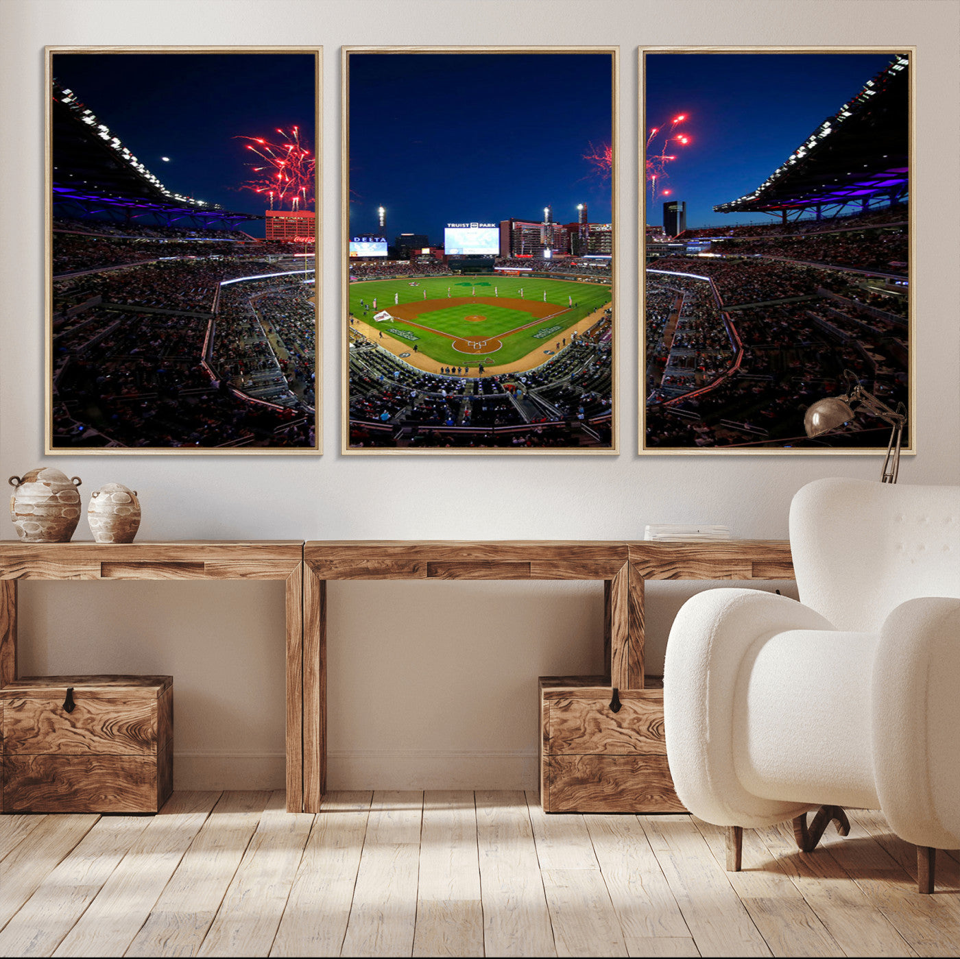MGV-FC-60X30-3P - Truist Park Atlanta Braves Baseball Stadium Wall Art Print | Large 3-Panel Canvas Print for Sports Fans | Framed, Ready-to-Hang Baseball Decor