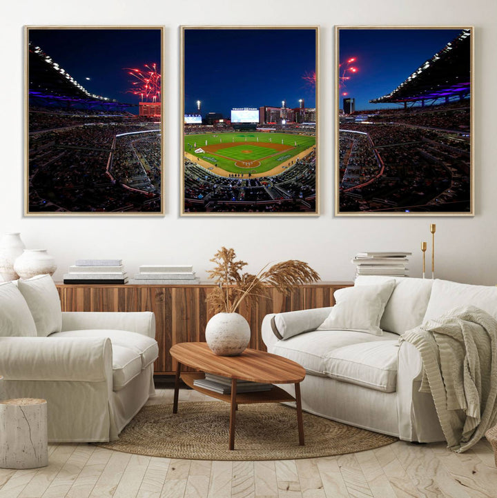 Truist Park wall art: fireworks over a Braves crowd, a large 3-panel canvas, framed and ready-to-hang.